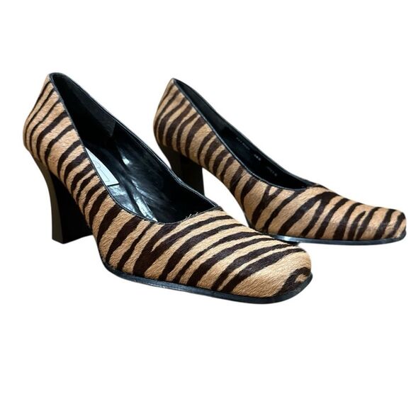 Worthington Vintage Marilyn Zebra Print Pony Hair Square Toe Flared Heel Pumps - Picture 1 of 13